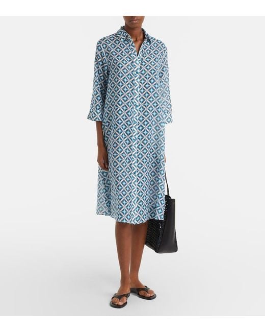 Max Mara Blue Steppa Printed Cotton And Silk Midi Dress