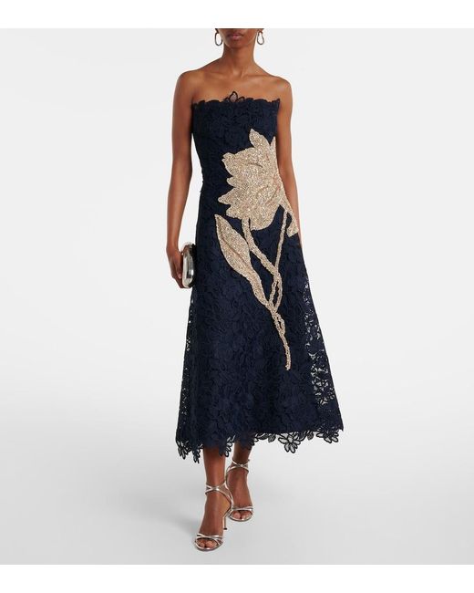 Costarellos Blue Mariela Applique Lace Gown