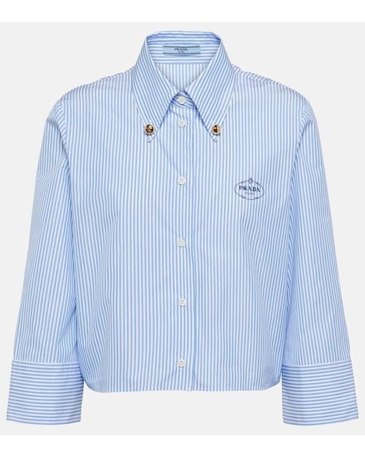 Camicia cropped in misto cotone a righe di Prada in Blue