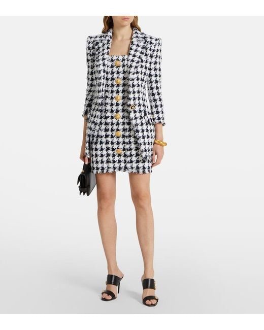 Balmain Blue Houndstooth Tweed Blazer