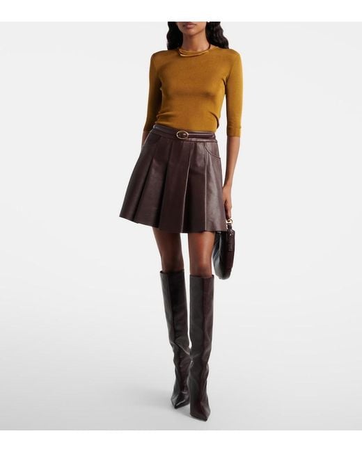 Nour Hammour Brown Pleated Leather Miniskirt