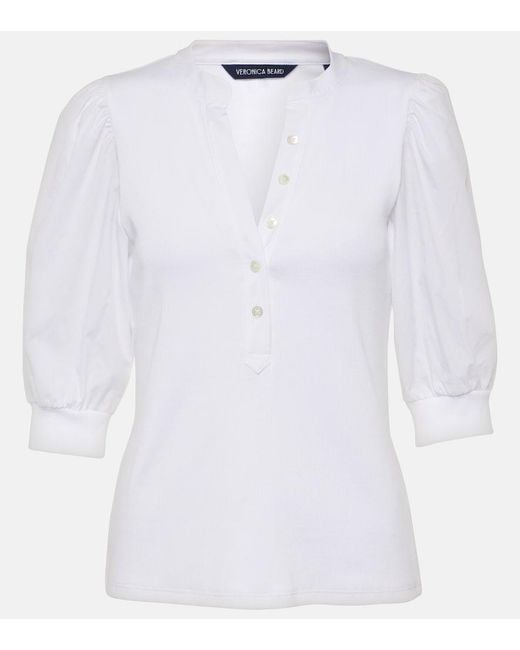 Veronica Beard White Coralee Puff-Sleeve Cotton-Blend Top