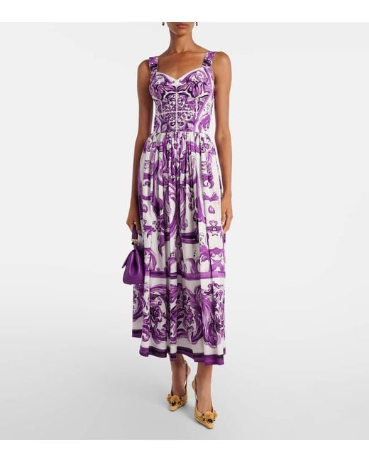 Long Poplin Dress With Majolica Print Dolce & Gabbana en coloris Purple
