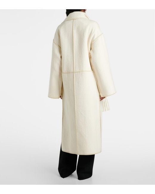 Totême White Fringed Embroidered Wool Scarf Coat