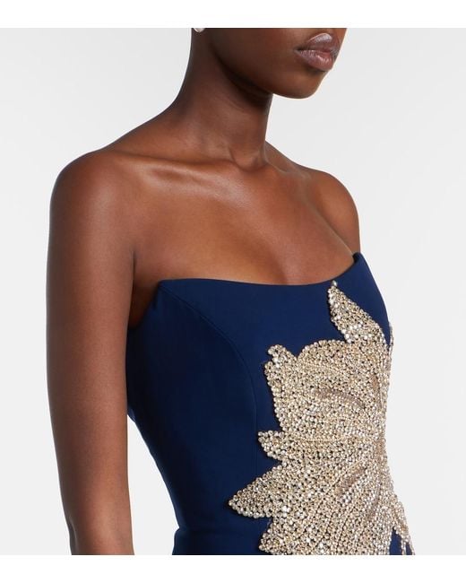 Costarellos Blue Fara Crystal-Embellished Crepe Gown