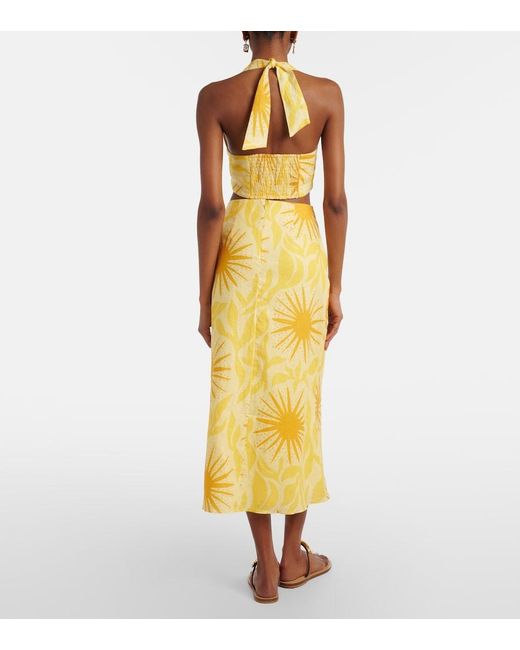 Cala De La Cruz Yellow Fabiana Printed Linen Midi Skirt