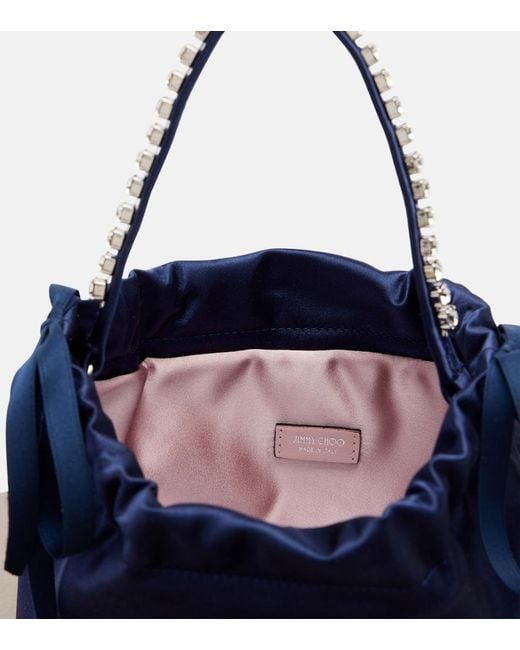 Jimmy Choo Blue Drawstring Mini Embellished Satin Top-Handle Bag