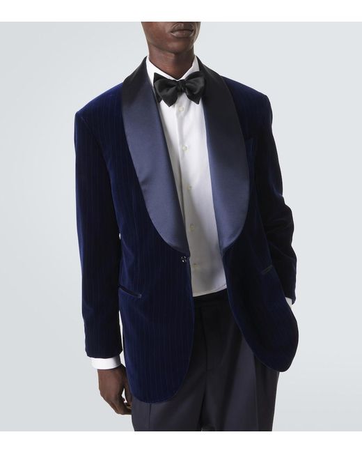 Brunello Cucinelli Blue Pinstripe Cotton Velvet Tuxedo Jacket for men