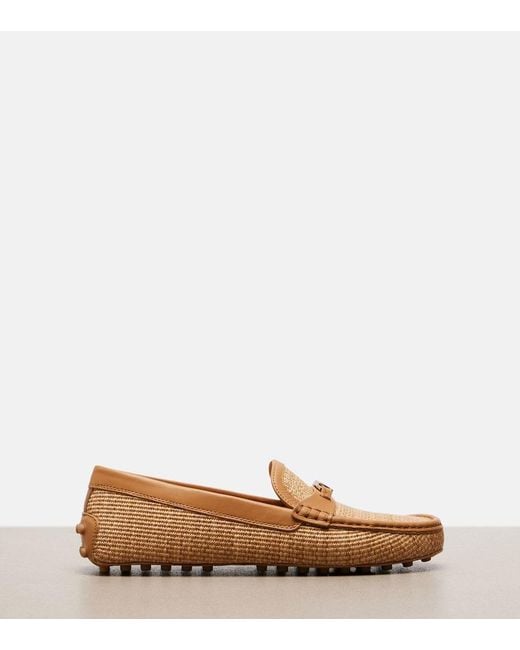 Tod's Brown Gommino Leather-Trimmed Raffia Loafers