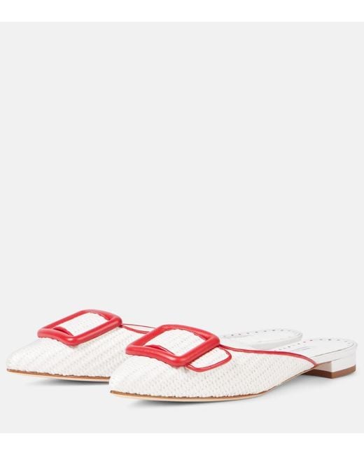 Manolo Blahnik Pink Maysale Leather-Trimmed Raffia Mules