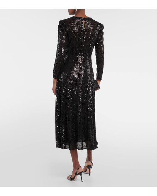 Rixo Black Cerise Ruched Sequined Midi Dress