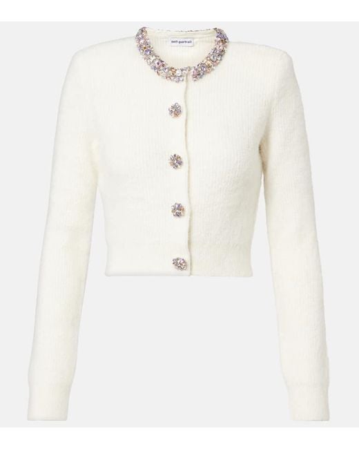 Self-Portrait White Embellished Ribbed-Knit Cardigan