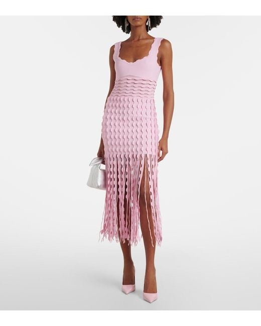 Jonathan Simkhai Pink Brionne Fringed Knitted Midi Dress