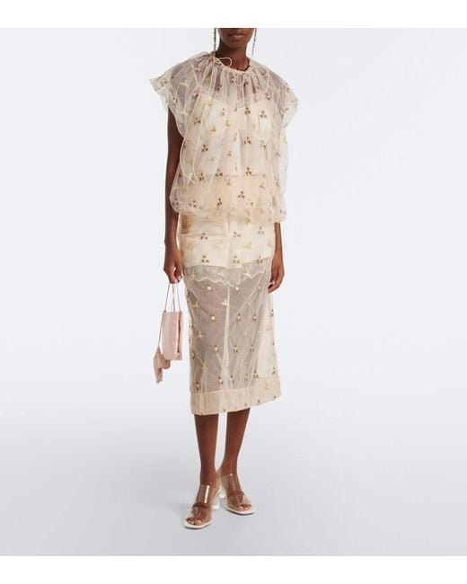 Simone Rocha Natural Embroidered Tulle Midi Skirt