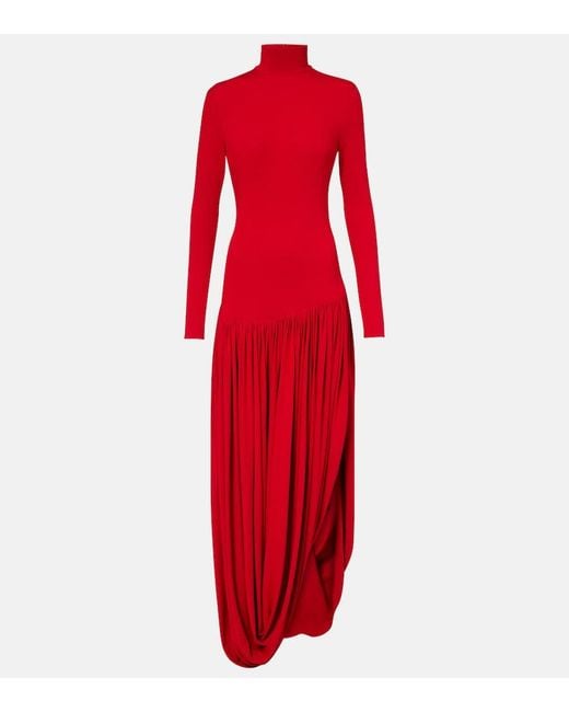 Magda Butrym Red Asymmetric Pleated Turtleneck Maxi Dress
