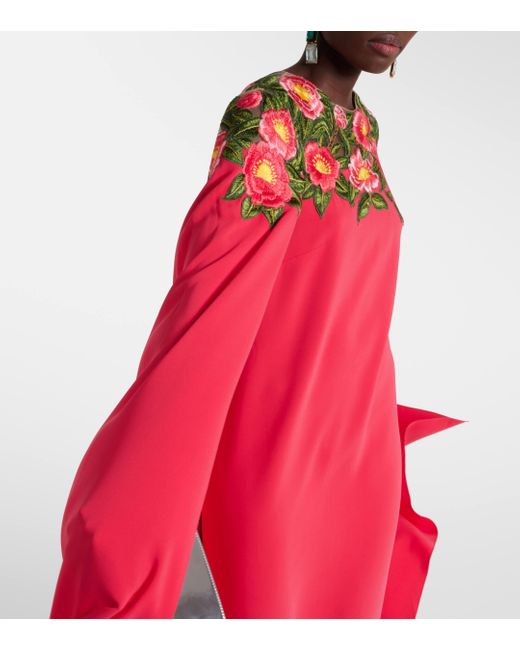 Oscar de la Renta Red Camellia Caped Floral Georgette Gown