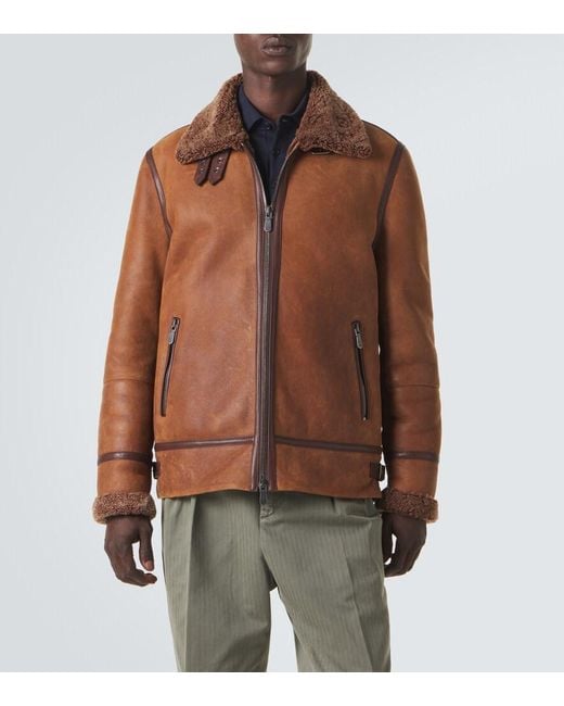 Brunello Cucinelli Brown Shearling-Lined Leather Jacket for men