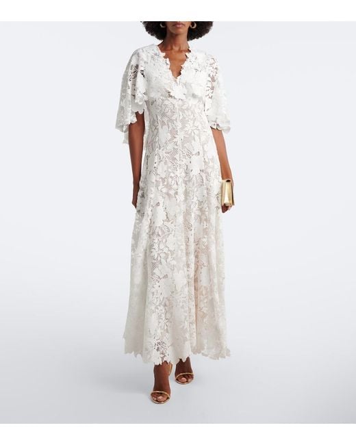 Oscar de la Renta White Caped Floral Guipure Lace Gown