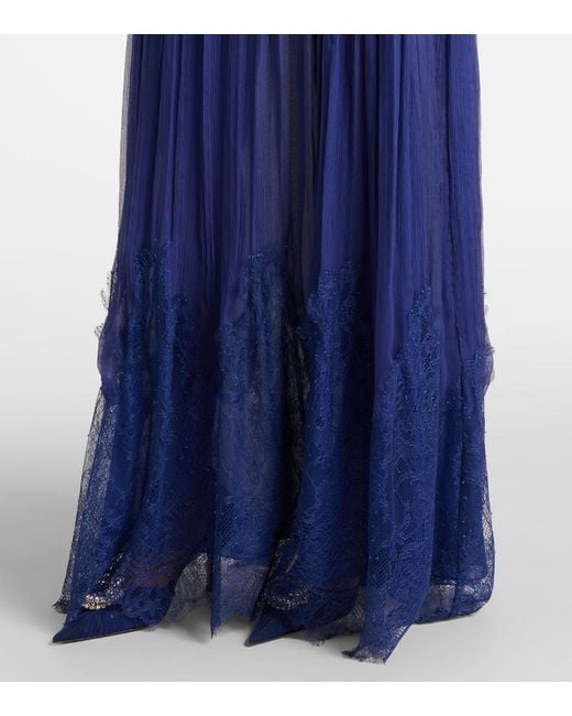 Costarellos Blue Renia Chantilly Lace Gown