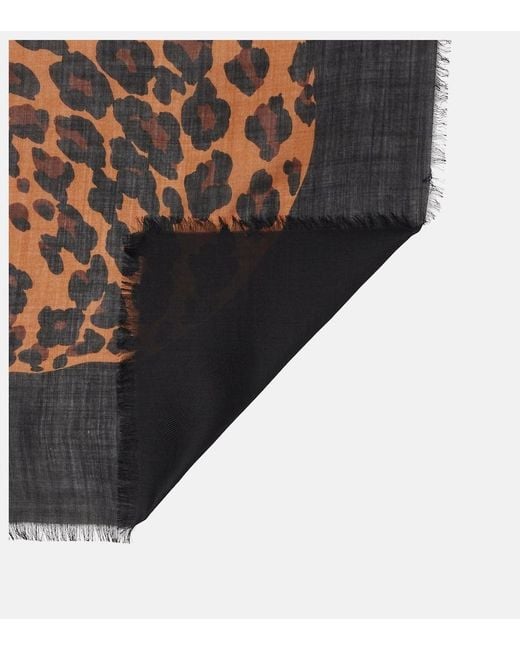 Saint Laurent Black Fringed Leopard-Print Wool Scarf