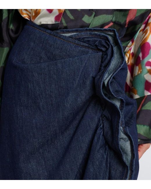Dries Van Noten Blue Draped Asymmetric Denim Midi Skirt
