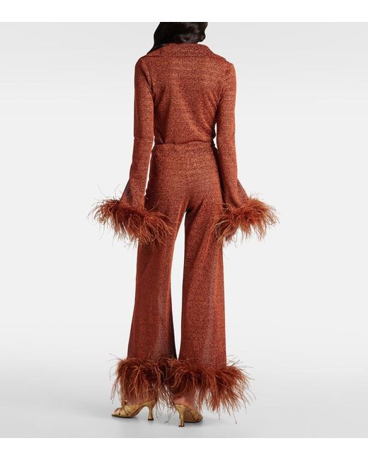 Oseree Red Lumiere Plumage Feather-Trimmed Straight Pants
