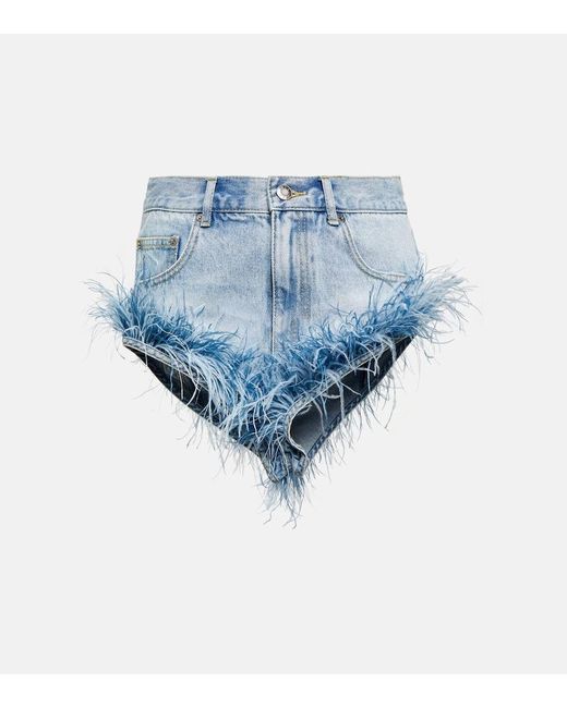 Area Blue High-rise Feather-trimmed Denim Shorts