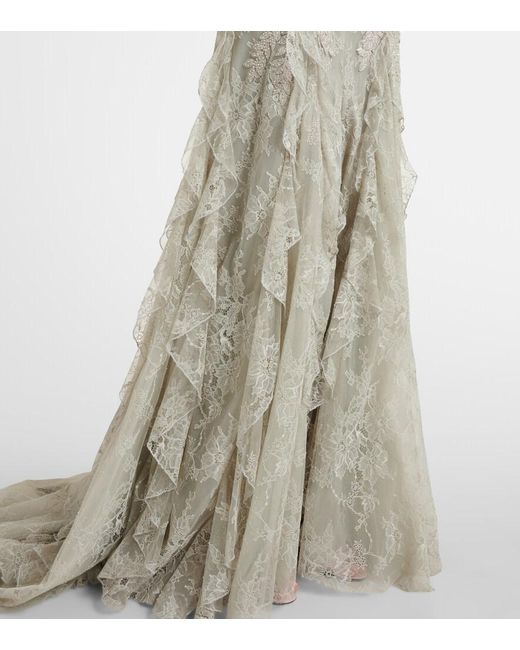 Costarellos White Rhodine Embellished Halterneck Lace Gown
