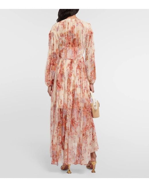 Zimmermann Pink Devi Midikleid Aus Seidenchiffon Mit Blumenprint Und Raffungen