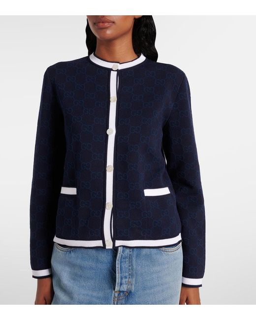 Gucci Blue Cardigan Aus Feinem Gg Baumwolljacquard, Größe