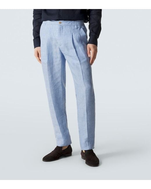 Rubinacci Blue Linen Slim Pants for men