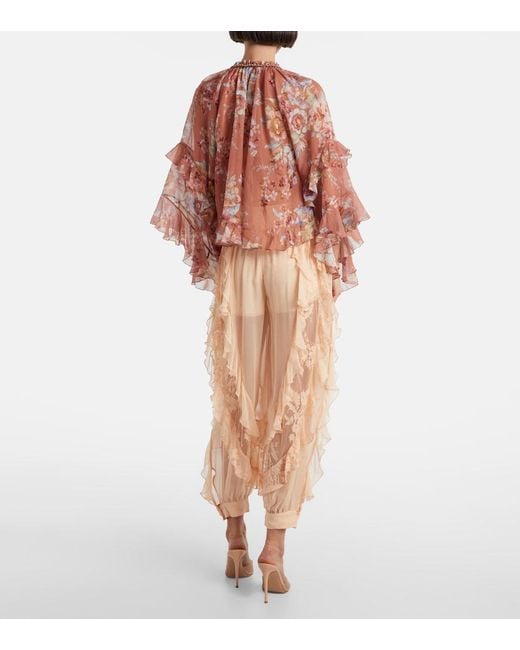 Zimmermann Natural Rebellion Splice Ruffled Silk Tapered Pants
