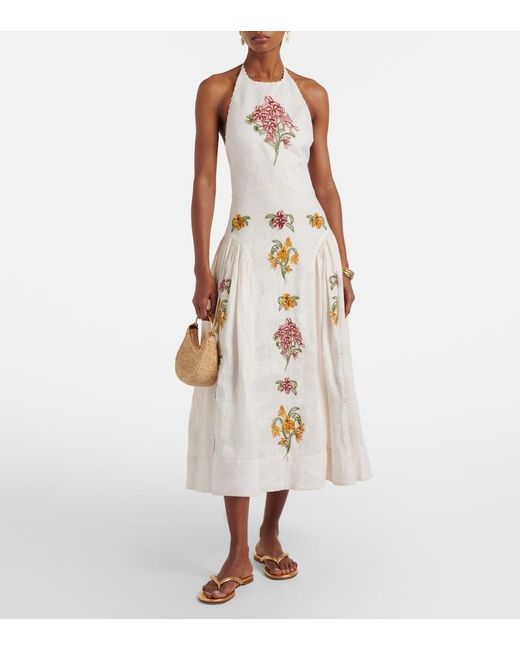 Agua Bendita White Balsa Cordillera Floral Linen Midi Dress