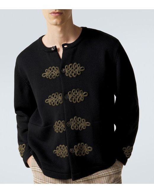 Bode Blue Looped Frog Embroidered Wool Cardigan for men