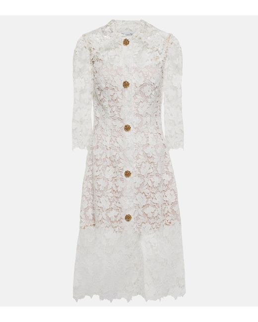 Oscar de la Renta White Embellished Lace Midi Dress