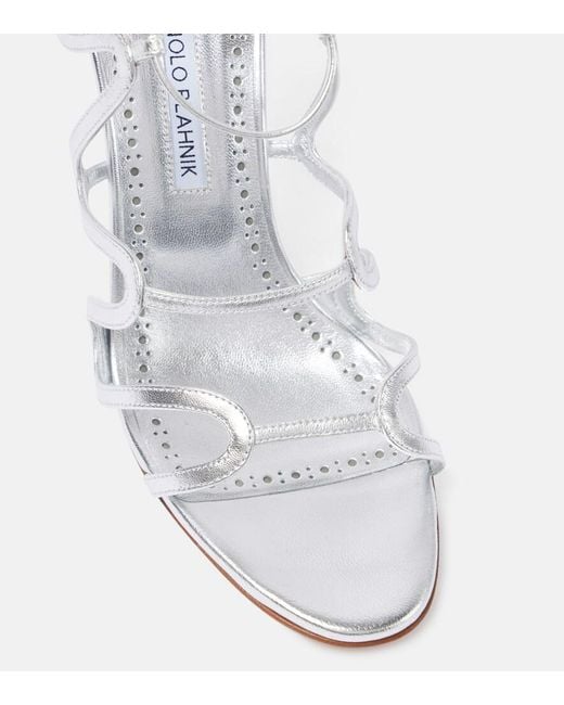 Manolo Blahnik White Fawda 105 Metallic Leather Sandals