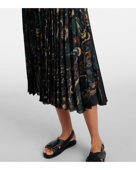 Sacai Black Floral Pleated Midi Skirt