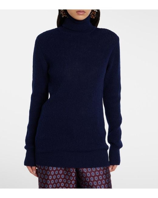 Dries Van Noten Blue Ribbed-Knit Wool Turtleneck Sweater