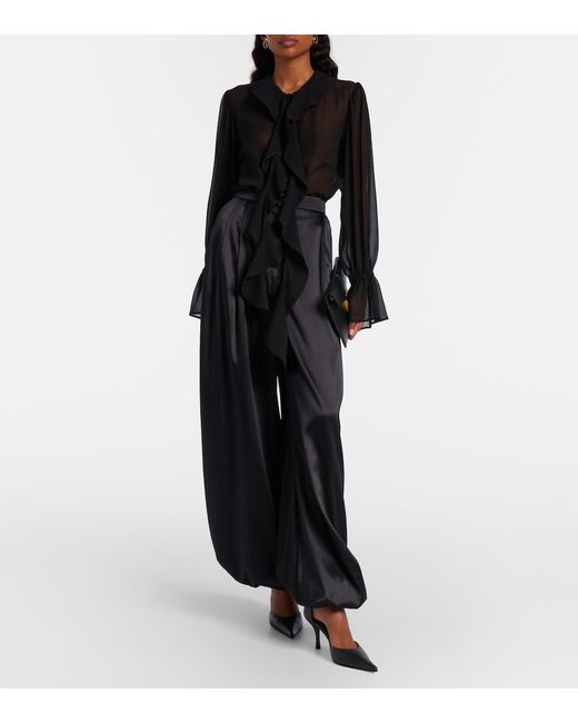 Nina Ricci Black Ruffled Sheer Silk Blouse