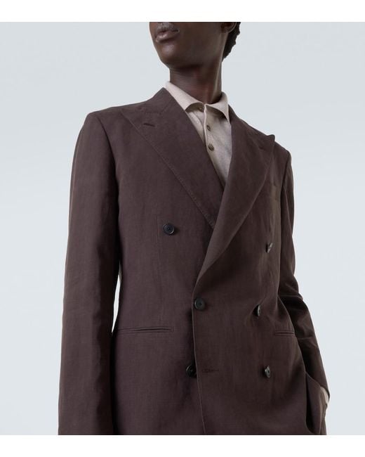 Saman Amel Brown Double-Breasted Linen Canvas Blazer for men