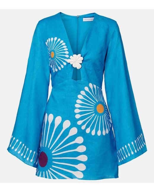Cala De La Cruz Blue Vera Floral Linen Minidress