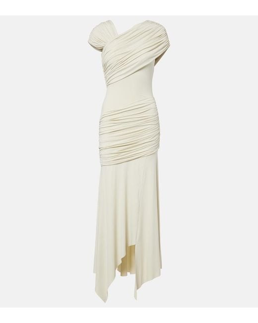 De La Vali White Hela Draped Asymmetric Jersey Midi Dress