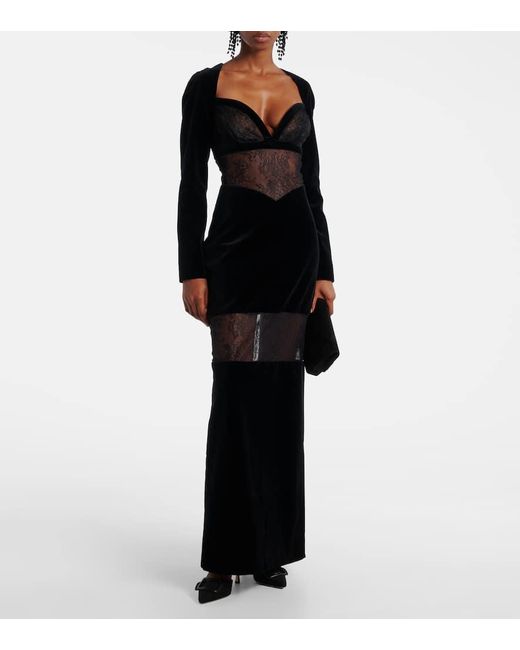 Robe Longue En Velours Et Dentelle Nina Ricci en coloris Black