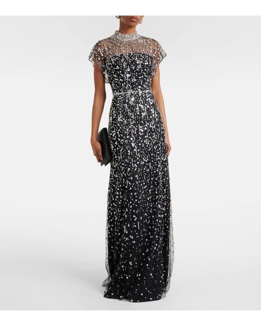Jenny Packham Black Crystal Drop Embellished Caped Gown