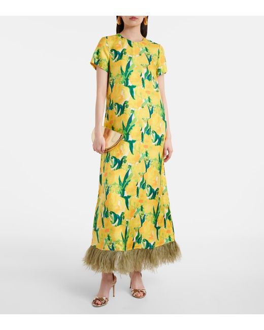 LaDoubleJ Green Maxikleid Swing Aus Seide Mit Federn