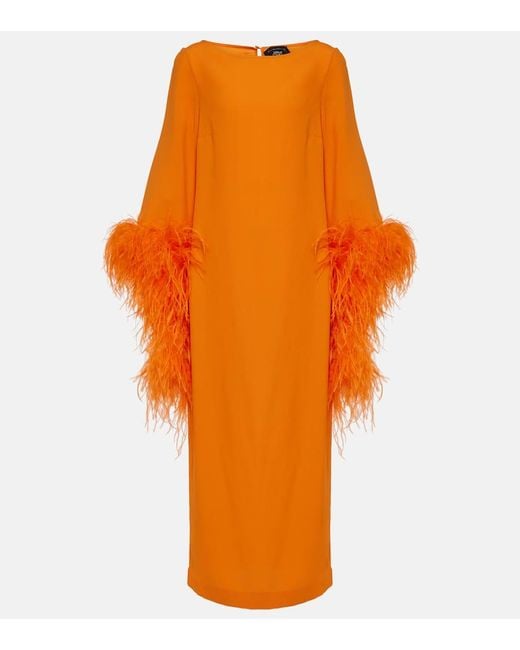 ‎Taller Marmo Orange Del Lago Feather-Trimmed Crepe Cady Midi Dress