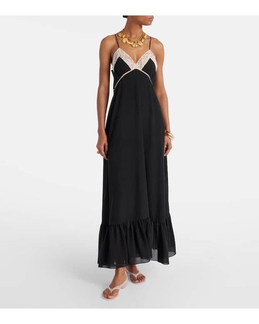 Chloé Black Lace-Trimmed Silk Chiffon Midi Dress