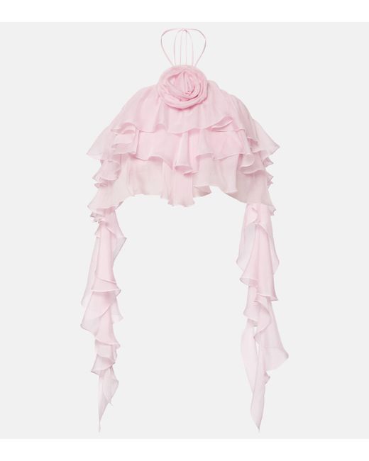 Blumarine Pink Ruffled Halterneck Silk Chiffon Top