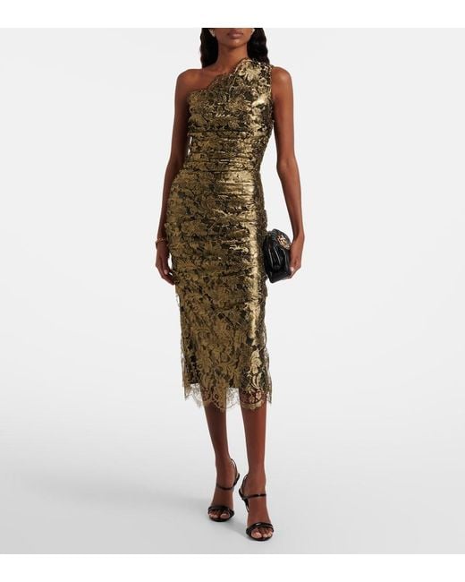 Dolce & Gabbana Metallic One-Shoulder Lame Lace Midi Dress