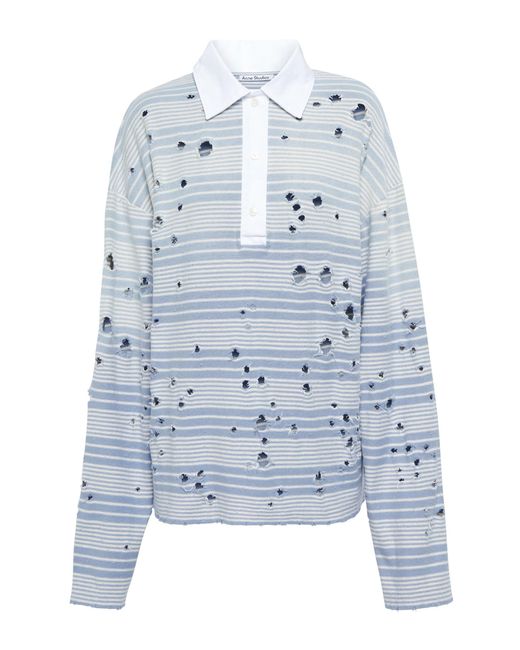 Acne Blue Distressed Striped Cotton Polo Shirt